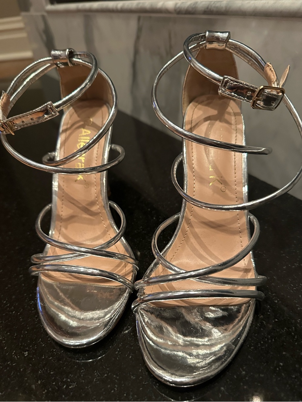 Allegra K Metallic Silver Spiral-Strap Heeled Sandals
